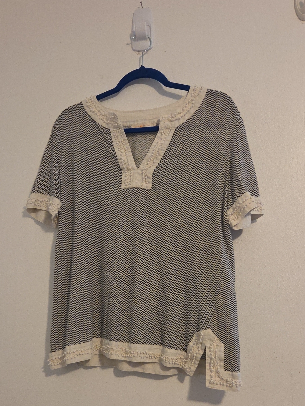 TORY BURCH Linen Boho Top With Chevron Print And Boho Trim